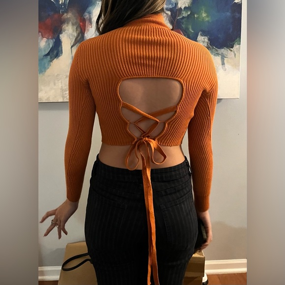 ZARA Sexy Orange Open Cut Out Back Lattice Long Sleeve Turtleneck Ribbed Sweater - Picture 4 of 14